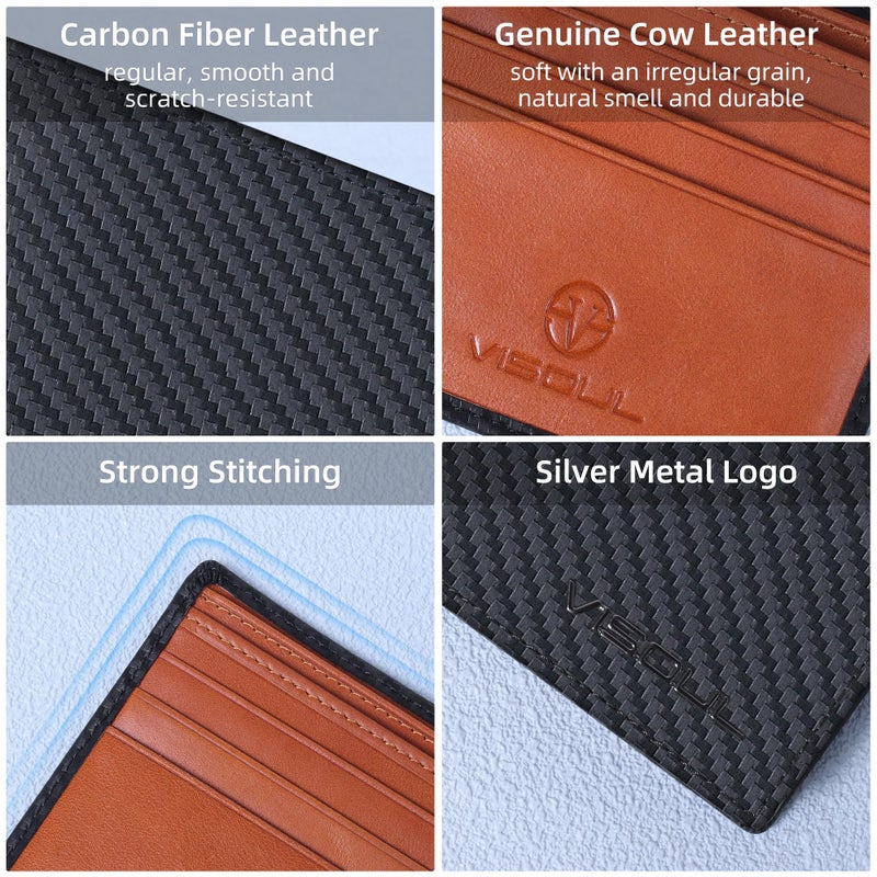 VISOUL Mens Bifold Wallet with 2 ID Windows Carbon Fiber Leather, RFID Blocking Wallet with 2 Money Compartments, Stylish Two-tone Back Pocket Wallet for Men (Black+Orange) - Image 3